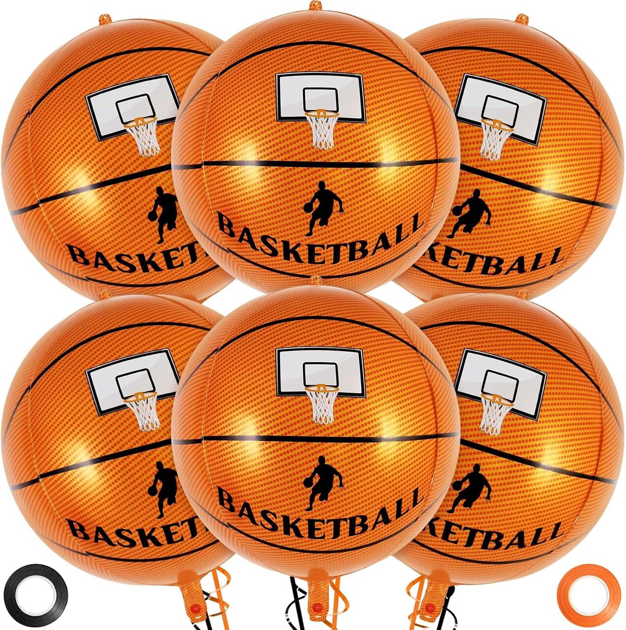 Large Round Basketball Balloons – 6-Piece 22-Inch Foil Mylar Balloons with Ribbon for Basketball-Themed Birthday Party Decorations (Basketball)